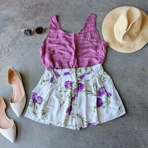 Vintage Toni Garment for CC Magic Purple Floral Ivory Flax Pleated Shorts